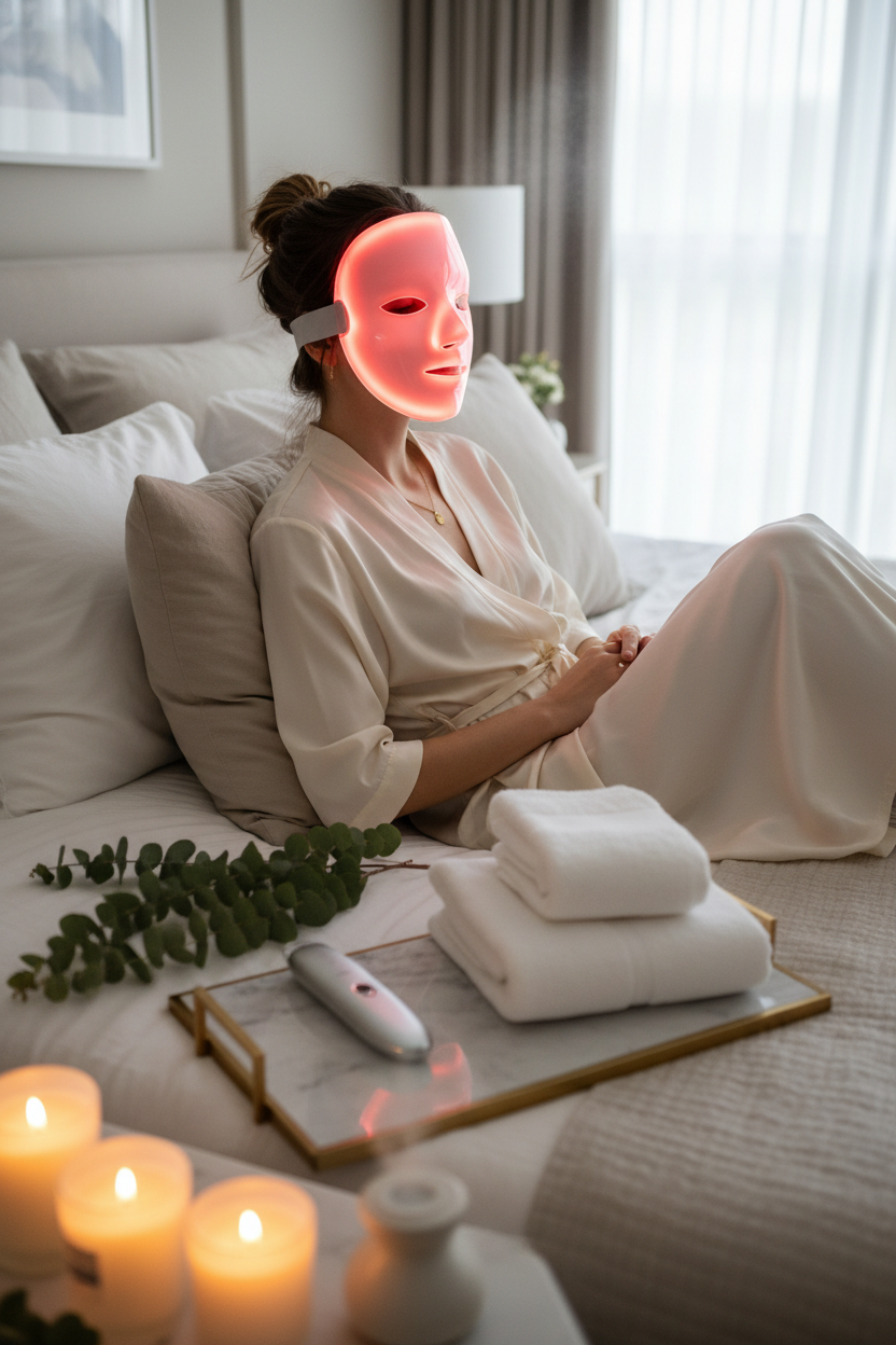 Luxury at-home spa setup featuring LED light therapy mask, microcurrent device, candles, and white towels.