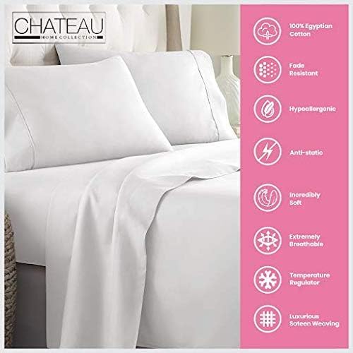 100% Egyptian Cotton Twin Sheets Set, 800TC Sateen Weave 3 PC Twin Bed Sheets, Fully Elasticated Sheet & Pillowcase Sets, Soft & Comfy No lint Machine Washable Fade Resistant- White