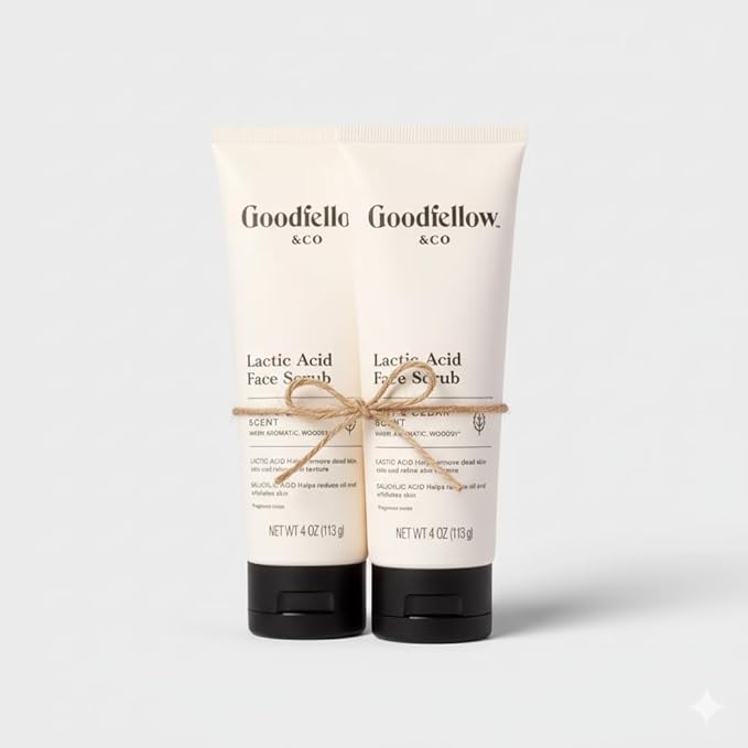 Goodfellow & Co Face Scrub with Lactic Acid & Apricot Oil 4 fl oz – Gentle Daily Face Exfoliator for Smooth Skin, Mint & Cedar Scent (Bundle of 2)