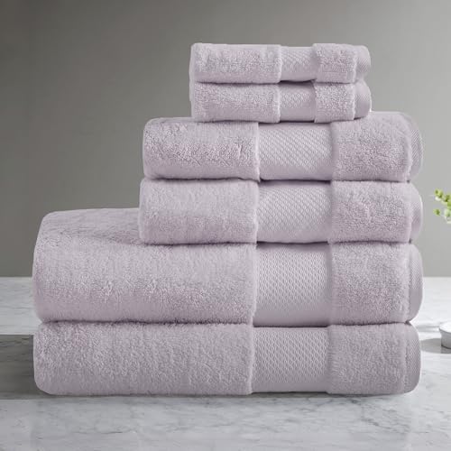 Madison Park Turkish 100% Cotton Towel Set, 600Gsm Luxury Premium Weight, Soft Absorbent Hotel Bathroom Shower Hand Face Washcloths, Assorted Sizes Lavender 6 Piece