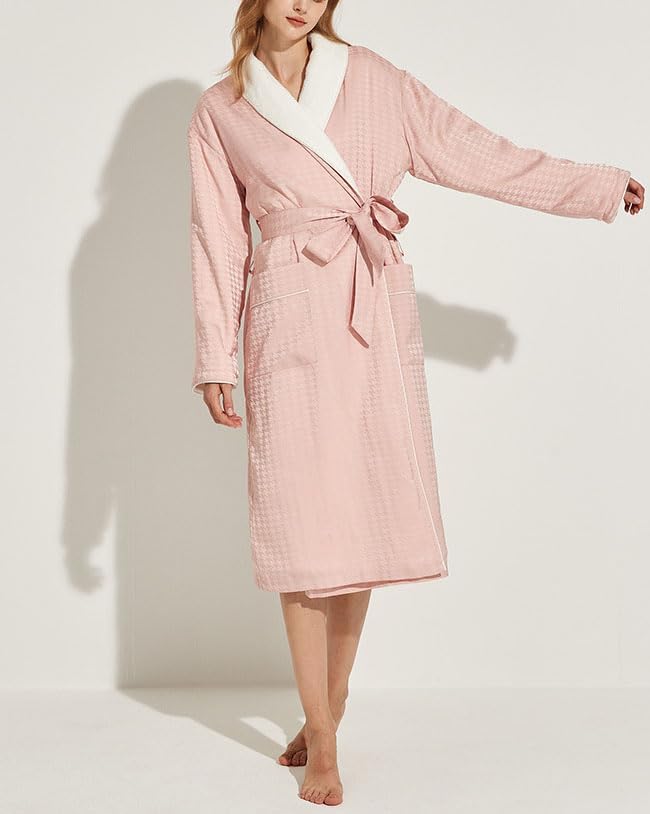 Women's Long Sleeve Fleece Robe with Pockets Jacquard Fluffy Plush Bathrobe
