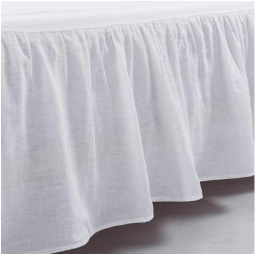 MEADOW PARK Washed French Linen Bed Skirt, Dust Ruffl, Cal King Size 72" W x 84" L, Drop 16", Super Soft, Ruffle Style, White Color