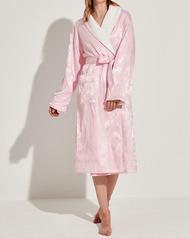 Women's Long Sleeve Fleece Robe with Pockets Jacquard Fluffy Plush Bathrobe