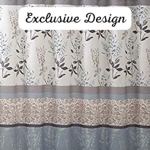 Serafina Home Hotel Quality Fabric Bathroom Shower Curtain: Farmhouse Floral Bordered Damask - Light Blue, Beige, and Grey (72 x 70 inches)