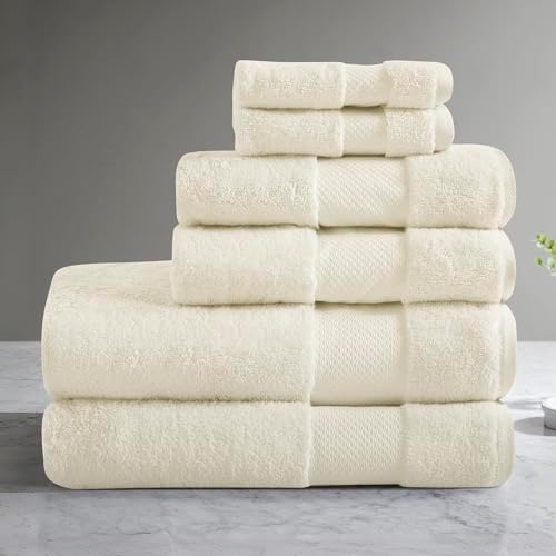 Madison Park Turkish 100% Cotton 600Gsm Luxury Premium Thick Soft Absorbent Hotel Bathroom Towel Set Shower Hand Face Washcloths, Assorted Sizes, Natural 6 Piece