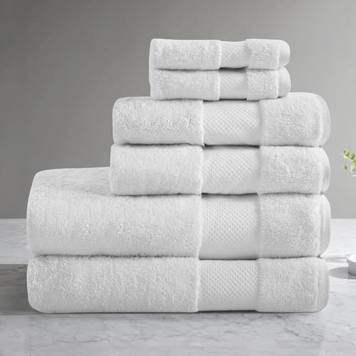Madison Park Turkish 100% Cotton 600Gsm Luxury Premium Thick Soft Absorbent Hotel Bathroom Towel Set Shower Hand Face Washcloths, Assorted Sizes, White 6 Piece