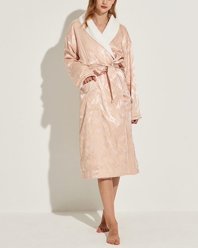 Women's Long Sleeve Fleece Robe with Pockets Jacquard Fluffy Plush Bathrobe