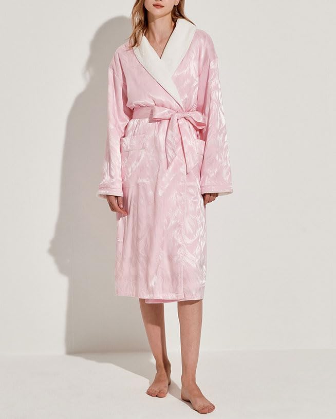 Women's Long Sleeve Fleece Robe with Pockets Jacquard Fluffy Plush Bathrobe