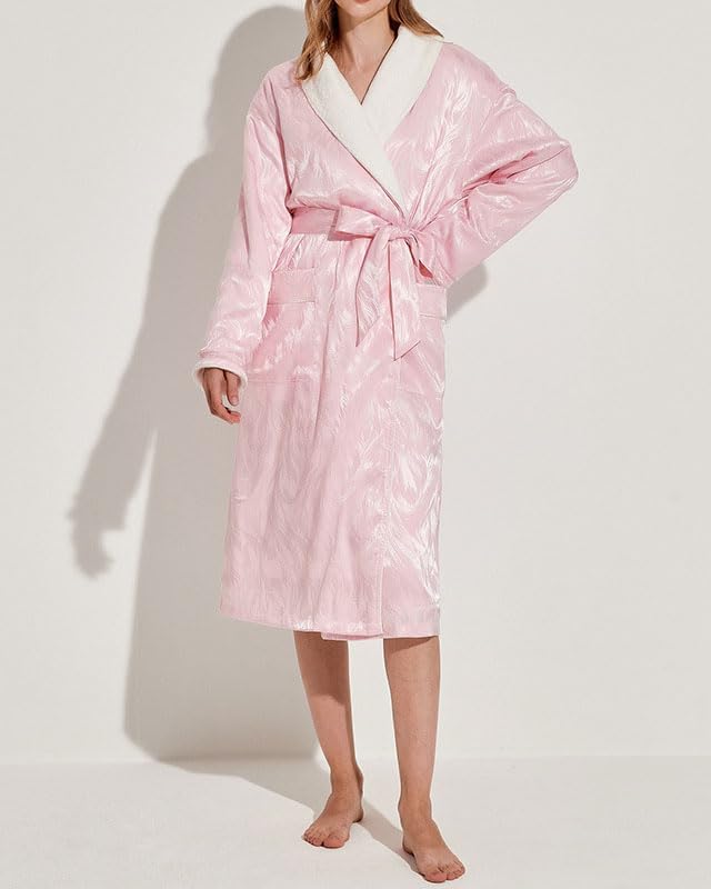Women's Long Sleeve Fleece Robe with Pockets Jacquard Fluffy Plush Bathrobe