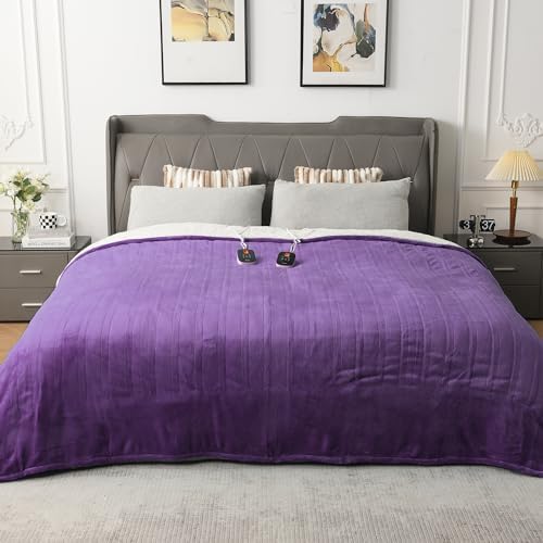 WOOMER Heated Blanket Queen Size,Durable Flannel and Soft Sherpa,Dual Control,84” × 90” Electric Blanket, 10 Heat Levels&0.5-12h auto-Off, Overheat Protection,Energy Efficient