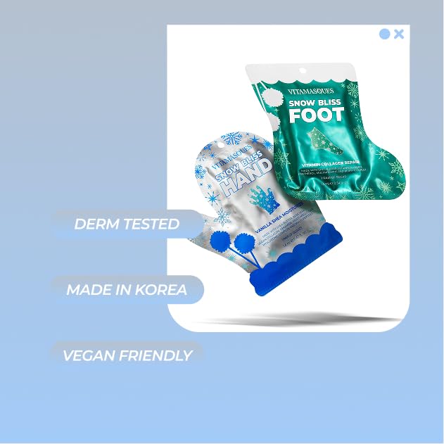 Vitamasques Holiday Snow Bliss Hand & Foot Mask Set - Korean Skin Care for Dry Cracked Feet & Hands - Spa Gifts, Stocking Stuffers for Teen Girls & Party Favors for Women