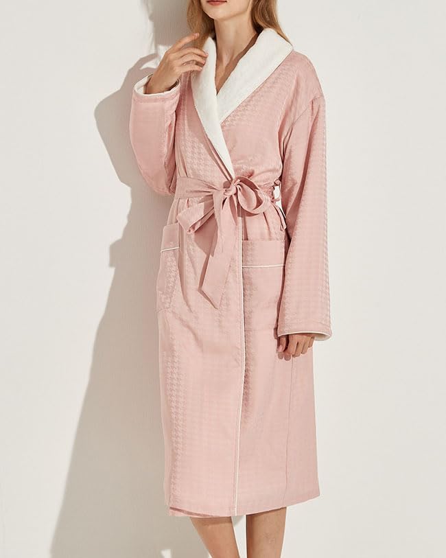Women's Long Sleeve Fleece Robe with Pockets Jacquard Fluffy Plush Bathrobe
