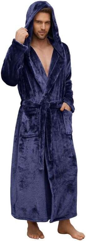 U2SKIIN Mens Robe with Hooded, Full Length Thickened Plush Robe Big and Tall Bathrobe