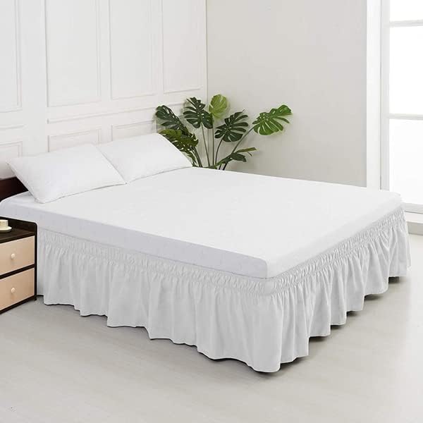 MEILA Wrap Around Bed Skirt Three Fabric Sides Elastic Dust Ruffled 24 Inch Tailored Drop,Easy to Install Fade Resistant-White, Queen/King