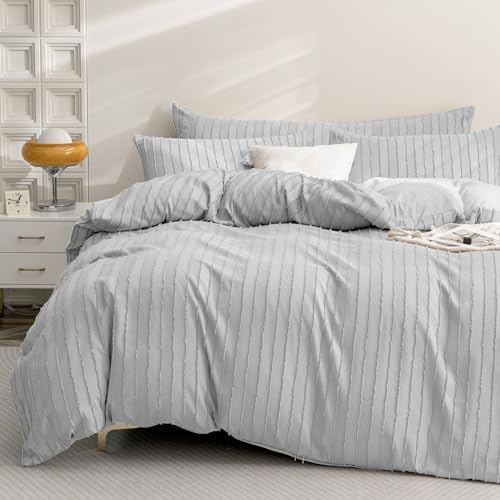 JELLYMONI Duvet Cover Queen Size Light Grey - 3PCS Boho Striped Duvet Cover Set Polyester Tufted Bohemian Textured Comforter Cover 90×90in with Corner Ties & Zipper and 2 Pillowcases
