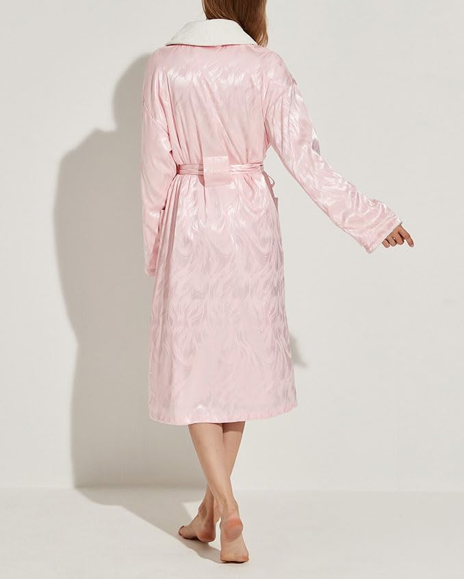 Women's Long Sleeve Fleece Robe with Pockets Jacquard Fluffy Plush Bathrobe