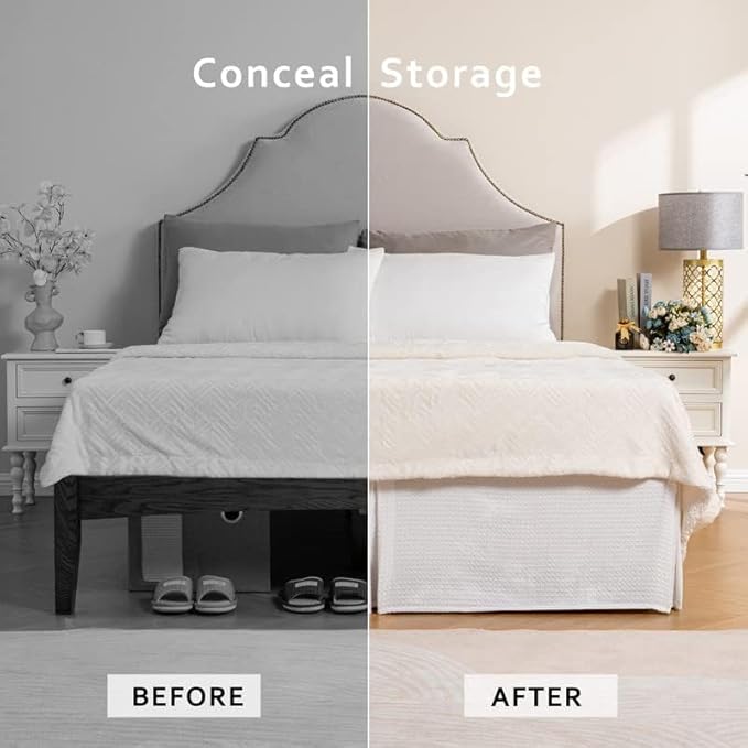 MIYE Pleated Waffle Weave Bed Skirt, Tailored Dust Ruffle 16 Inch Drop Easy Fit, Machine Washable (White, Full - 16" Drop)