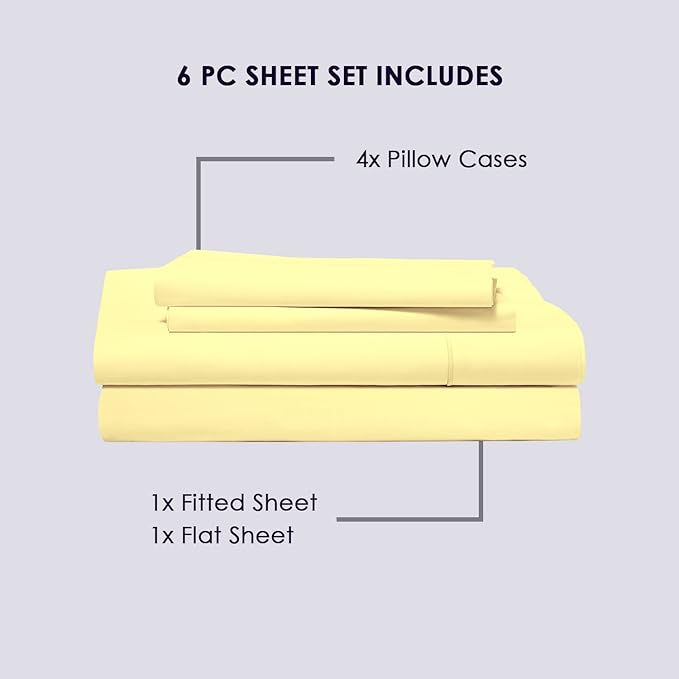 Pizuna Pure 100% Cotton Sheets 6pc Queen Size, 800 Thread Count Long Staple Cotton Crisp Sateen Sheets 6pc Queen with 15" Deep Pocket (Combed Mellow Yellow Cotton Sheets 6pc Queen)