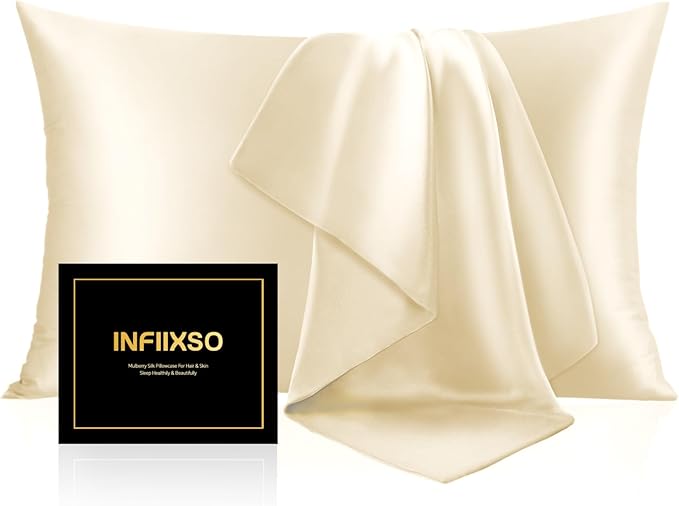 INFIIXSO Mulberry Silk Pillowcase for Hair and Skin, Silk Pillow Cases Queen Size with Hidden Zipper 20x30 Inches, Extraordinary Smooth and Soft Cooling Pillow Cases for Hot Sleepers(Ivory, 1 Pack)