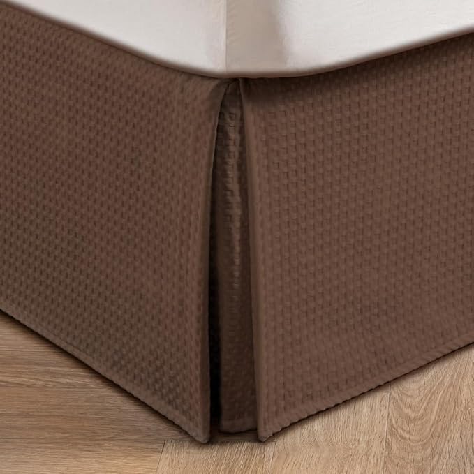 MIYE Pleated Waffle Weave Bed Skirt, Tailored Dust Ruffle 14 Inch Drop Easy Fit, Machine Washable (Brown, Queen - 14" Drop)