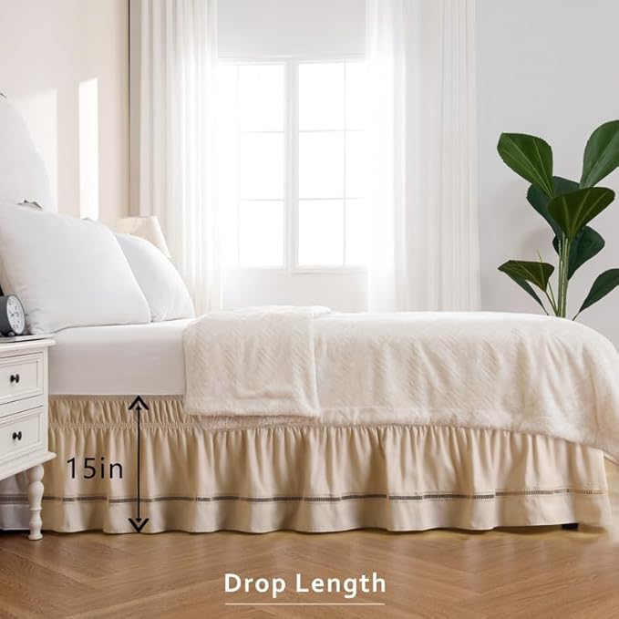MIYE Wrap Around Ruffled Lace Bed Skirt, Elastic Dust Ruffle with Adjustable Belts, Easy to Put On, Bed Frame Cover, Machine Washable (Ruffled Lace/Beige, King/Queen-15 Drop)