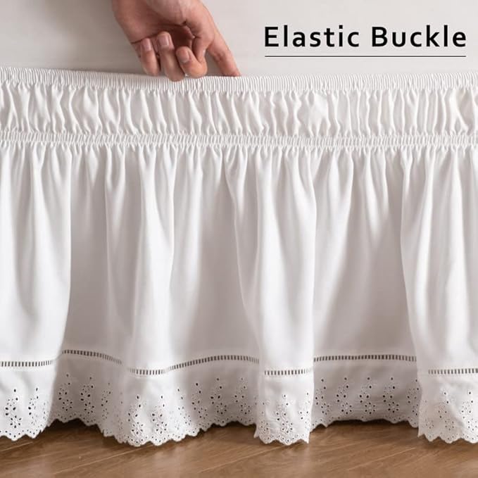 MIYE Wrap Around Ruffled Lace Bed Skirt, Elastic Dust Ruffle with Adjustable Belts, Easy to Put On, Bed Frame Cover, Machine Washable (Embroidered/White, King/Queen-12.5" Drop)