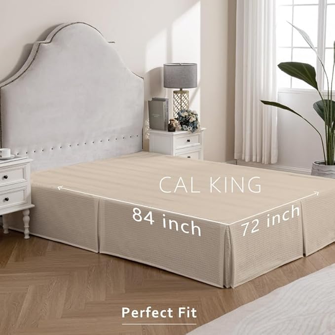 MIYE Pleated Waffle Weave Bed Skirt, Tailored Dust Ruffle 14 Inch Drop Easy Fit, Machine Washable,No Split Corners (Beige,Cal King - 14" Drop)