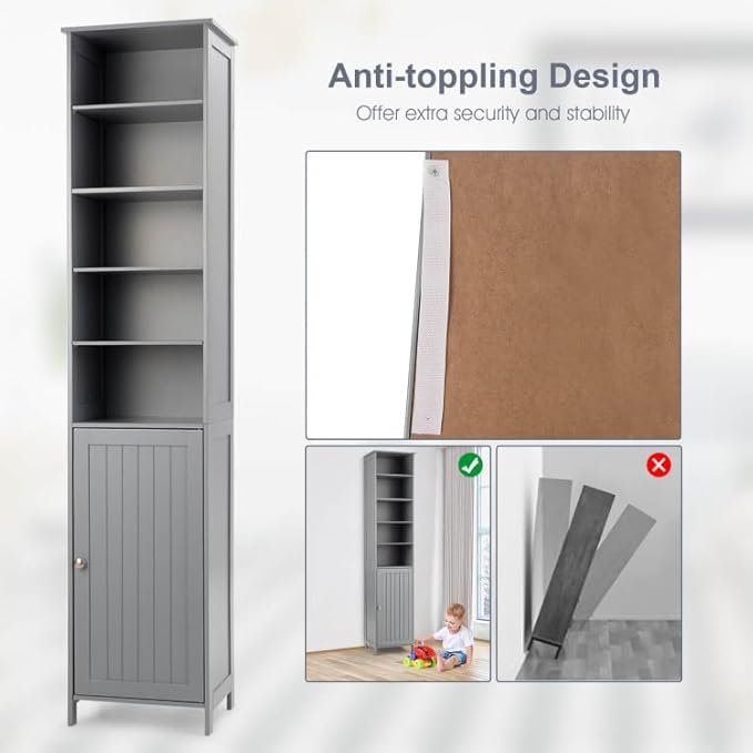 WATERJOY 72'' Tall Slim Bathroom Storage Cabinet with 3 Shelves & Door for Bathroom, Living Room