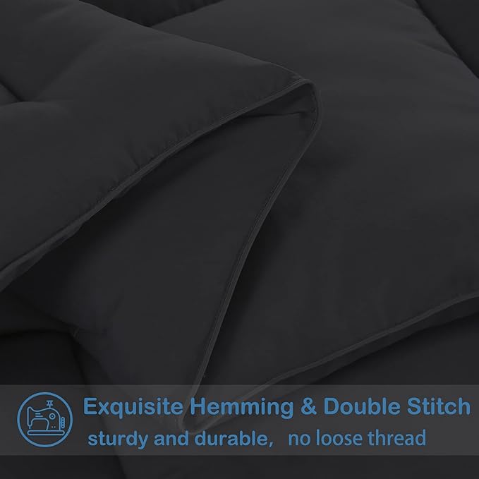 EASELAND Full Size Down Alternative Comforter - Quilted Duvet Insert for All Seasons, Soft Lightweight with Corner Tabs, Summer Winter Warm Bedding, Black 82×86 Inches