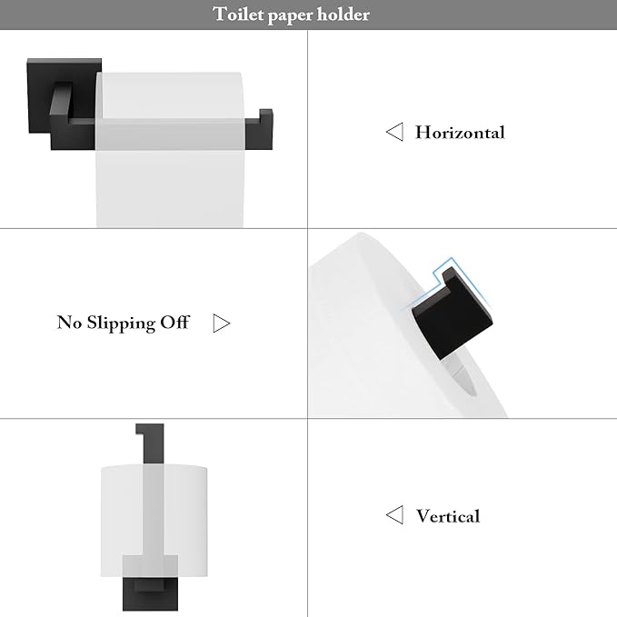 Ralbay 24" Matte Black Towel Bar 3-Pieces Set SUS 304 Stainless Steel Square Style Wall Mounted Towel Rack Set, Includes 24" Towel Single Bar, Toilet Paper Holder, Robe Towel Hook