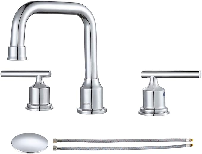 WOWOW Widespread Bathroom Faucet Chrome 8 inch Bathroom Sink Faucet Adjustable 3 Pieces Basin Faucets 360° Swivel Spout Modern Lavatory Faucet Vanity Faucets Water Supply Lines Quick Install Pipe