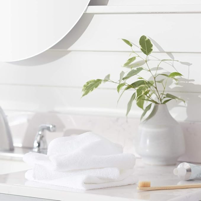 Amazon Basics Cotton Washcloths for Bathroom, Soft and Highly Absorbent, 12 in x 12 in, White, 12-Pack