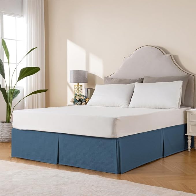 MIYE Pleated Waffle Weave Bed Skirt, Tailored Dust Ruffle 22 Inch Drop Easy Fit, Machine Washable (Blue, Twin - 22" Drop)