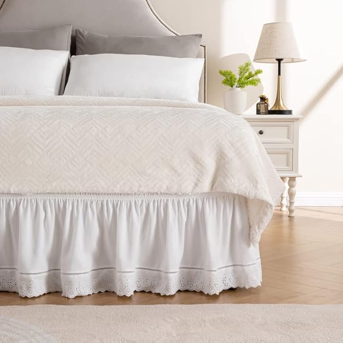 MIYE Wrap Around Ruffled Lace Bed Skirt, Elastic Dust Ruffle with Adjustable Belts, Easy to Put On, Bed Frame Cover, Machine Washable (Embroidered/White, Full/Twin-22 Drop)
