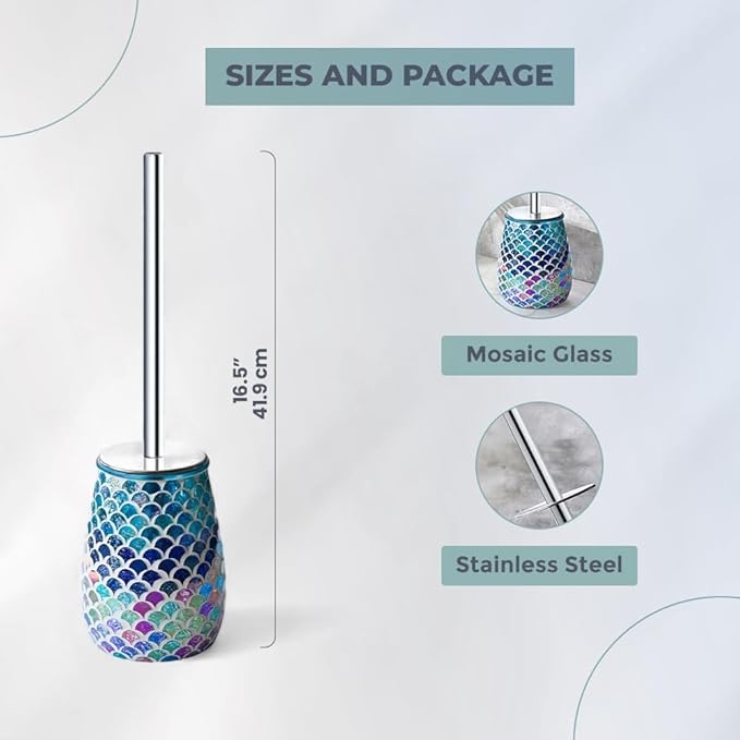 Escenzy Mermaid Bathroom Toilet Brush and Holder Set Mosaic Glass | Non-Rustic Stainless Steel | Practical & Decorative Toilet Bowl Brush and Holder | Luxury Mermaid Bathroom Decor