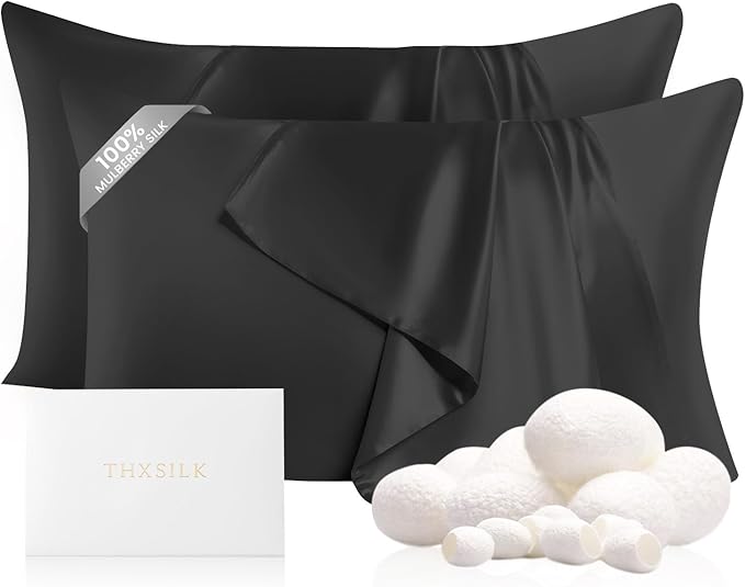 THXSILK Set of 2 100% Mulberry Silk Pillowcases for Hair and Skin, Both Sides 22 Momme Pure Natural Silk Pillowcases, Soft Breathable Zipper Pillow Cases Queen Size 20"x30", Black