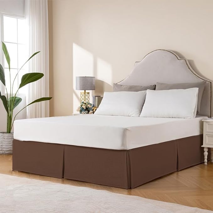 MIYE Pleated Waffle Weave Bed Skirt, Tailored Dust Ruffle 18 Inch Drop Easy Fit, Machine Washable (Brown, Queen - 18" Drop)