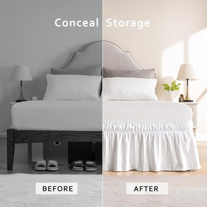 MIYE Striped Tufted Bed Skirt - Wrap Around Dust Ruffle with Elastic Belts - 18 Inch Drop Easy to Put On - Bedskirt Machine Washable ＆ Wrinkle Resistant(Striped/White, King/Queen-18 Drop)
