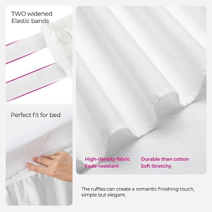 RIMELA Full Size White Bed Skirt 15 Inch Drop, Wrap Around Elastic Bed Skirts Full Size Dust Ruffle, Bedskirt for Adjustable Bed Base Solid Wrinkle and Fade Resistant Silky Fabric Machine Washable