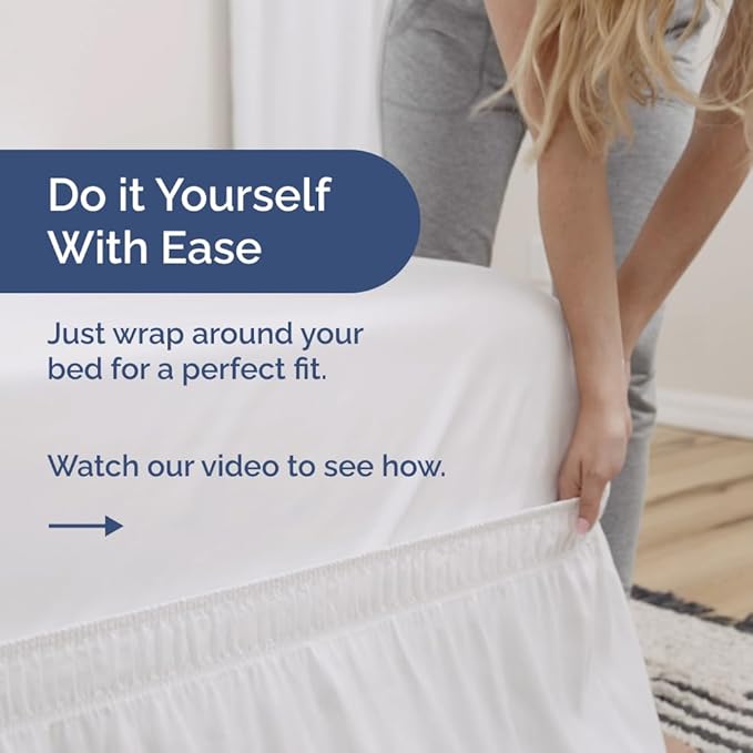 Wrap Around Dust Ruffle Bed Skirt - White - for Full Size Beds w/ 16 Inch Drop - Easy Fit Elastic Strap - Adjustable Pleated Bedskirt w/Brushed Fabric, Wrinkle & Fade Free Women, Men, Kids & Teens