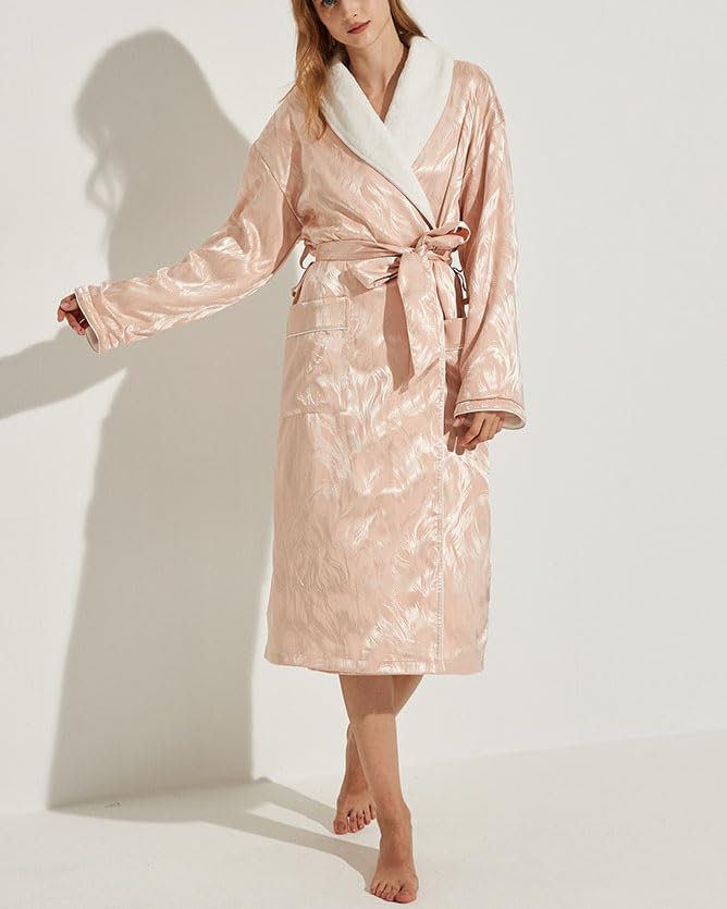 Women's Long Sleeve Fleece Robe with Pockets Jacquard Fluffy Plush Bathrobe