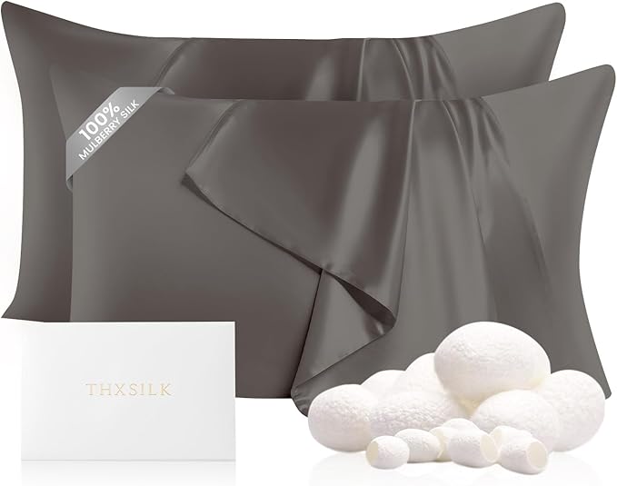 THXSILK Set of 2 Silk Pillowcases - 100% Pure Mulberry Silk - 22 Momme 6A+ High-Grade Fibers - Silk Pillowcases for Hair & Skin - King Size Pillow Case with Hidden Zipper - Dark Grey