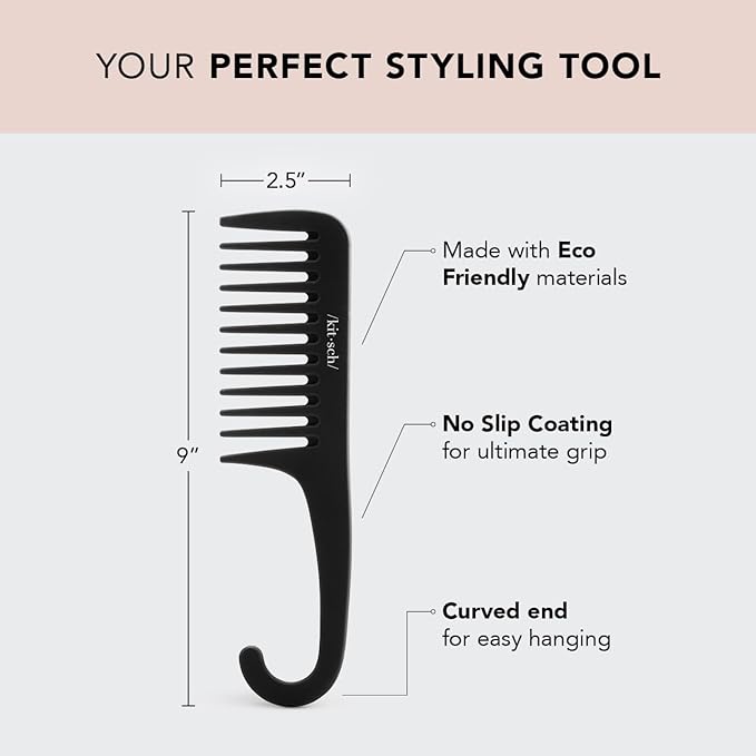 Kitsch Wide Tooth Detangler Comb - Curved Handle for Curly, Wet & Thick Hair, Black Shower Comb for Women