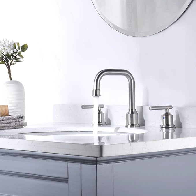 WOWOW Brushed Nickel Bathroom Faucet: Widespread Bathroom Sink Faucet Set 3 Hole with Pop-up Drain and Supply Lines, 8 Inch Vanity Faucet 3 Pieces Basin Tap 2 Handle Modern (2 Pack)