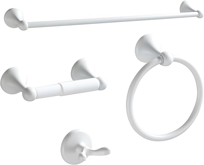 BGL Bathroom Accessories Set, White Paint Expandable Towel Bar 4-Piece Bathroom Accessory Set Wall Mounted Towel Ring Robe Hook Toilet Paper Holder Towel Holder