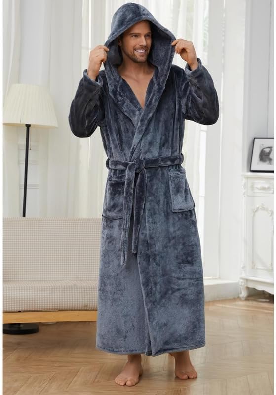 U2SKIIN Mens Robe with Hooded, Full Length Thickened Plush Robe Big and Tall Bathrobe