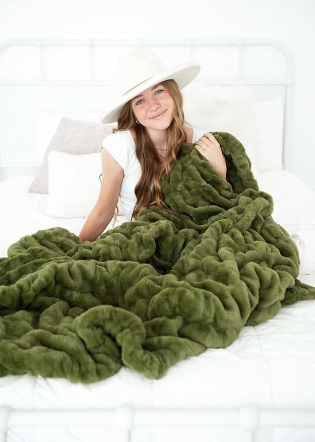 Minky Couture Hugs Blanket - Extra Plush Blanket for Premium Gifting - Stretchy Bubbled Cozy Throw - Silky Smooth - Durable & Machine-Washable - Travel-Friendly - Monster, Camp Green
