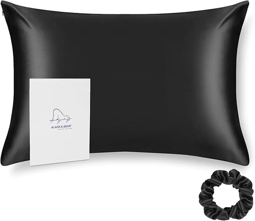 ALASKA BEAR Silk Pillowcase for Hair and Skin Beauty Sleep 100 Real Mulberry Silk Anti-Aging Pillow Slip Case Cover, Queen (1pc, Black)
