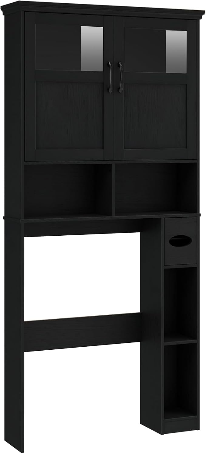 Vabches Over The Toilet Storage Cabinet, Storage Cabinet Over Toilet with Double Doors & Toilet Paper Holder Stand, Freestanding Toilet Shelf Space Saver with Anti-Tip Design & Adjustable Shelf, Black
