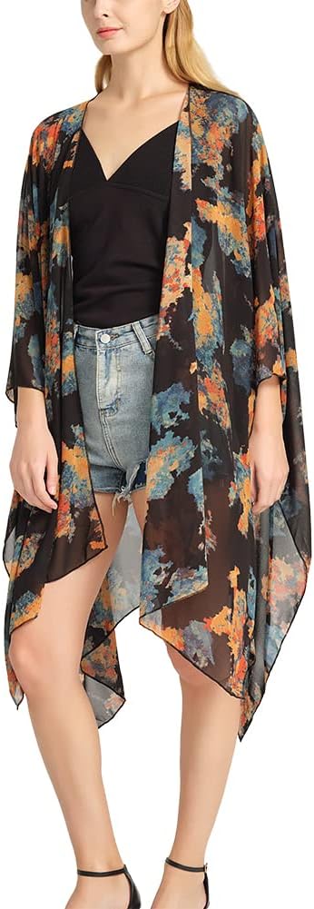 Women's Bohemian Floral Chiffon Beach Cover up Swimsuit Kimono Summer Swimwear Cardigans
